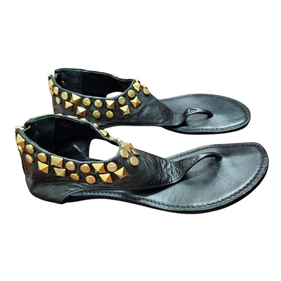Tory Burch black gladiator gold stud sandal in lamb leather size 7.5 - Picture 2 of 12